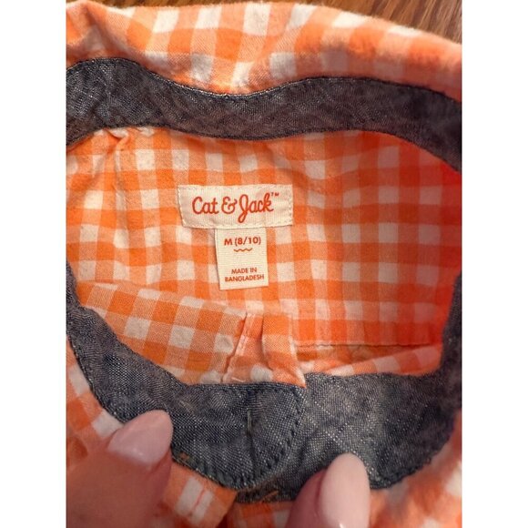 cat & jack orange and white check plaid short sleeve button down shirt - Picture 2 of 4